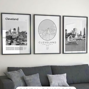 Digitale Cleveland zwart-wit print set van 3, Cleveland kaart poster, Cleveland Wall Art foto, Cleveland Art, Cleveland Decor Ohio geschenken