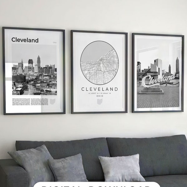 Digital Cleveland Black and White Print Set Of 3, Cleveland Map Poster, Cleveland Wall Art Photo, Cleveland Art, Cleveland Decor Ohio Gifts