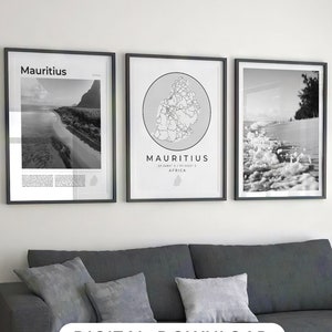 Impression numérique noir et blanc de l'île Maurice, art de la carte de l'île Maurice, affiche de voyage en Afrique de l'Est, île tropicale des Caraïbes, Port Louis, téléchargement photo