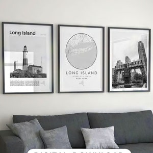 Juego de 3 impresiones digitales en blanco y negro de Long Island, mapa de Long Island, decoración de pared de Long Island, regalos de Long Island, póster de viaje de Long Island