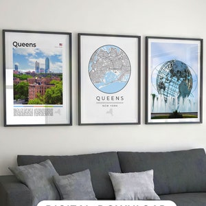 Lot de 3 impressions numériques Queens New York, carte de la reine, art mural Queens, affiche de la reine, cadeaux Queens New York, photo de la reine, décoration de la reine, art de la reine