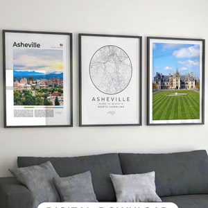 Digital Asheville Print Set Of 3, Asheville Map, Asheville Poster, Asheville Wall Art, Asheville NC Gift, USA Asheville North Carolina Decor