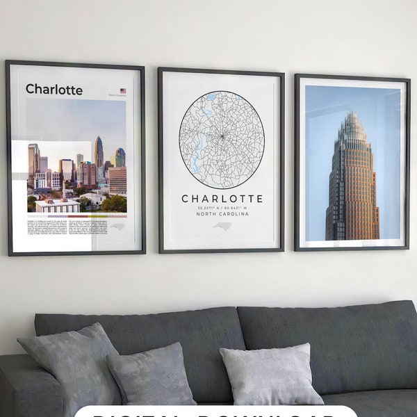 Ensemble d’impression numérique de Charlotte de 3, impression de carte de Charlotte, affiche de Charlotte, décor d’art mural de Charlotte Charlotte Skyline État de Caroline du Nord États-Unis