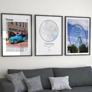 Juego de 3 impresiones digitales de Texas para pared, mapa de Texas, póster del estado de Texas, mapa del estado de Texas, foto de Texas, EE. UU., Norteamérica