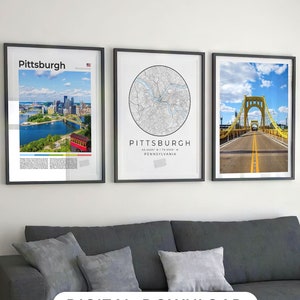 Digital Pittsburgh Print Set Of 3 Wall Art, Pittsburgh Map Decor, Pennsylvania Poster, Pittsburgh Steelers Wall Art, Pittsburgh Gifts Travel