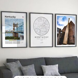 Digital Kentucky Print Set Of 3, Kentucky Map, Kentucky Posters Wall Art, Kentucky State Decor, US Kentucky Photo Gallery, USA Photography
