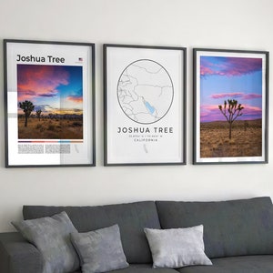 Digitale Joshua Tree print set van 3, Joshua Tree kaart kunst aan de muur, Joshua Tree National Park poster, Joshua Tree fotografie decor, VS Californië