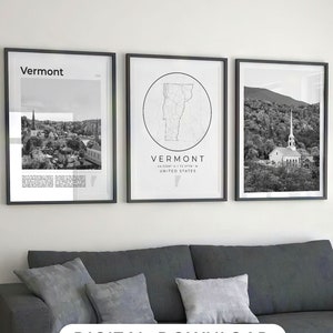Digital Vermont Schwarz Weiß Print 3er Set, Vermont State Karte, Vermont Wandkunst, Vermont Kunst Dekor, Vermont Geschenke, Vermont Reiseplakat