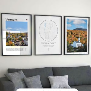 Digitaler Vermont Druck 3er Set, Vermont Karte, Vermont Wandkunst, Vermont Kunst Dekor, Stowe Vermont Geschenke Foto, USA Vermont Reiseplakat