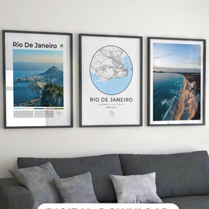 Rio De Janeiro Brazil Print Set Of 3, Rio De Janeiro Map, Brazil Map Digital Poster Brazil Gift, Brasil Art Rio De Janeiro Wall Art Brésil