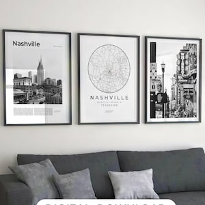Digitale Nashville zwart-wit print set van 3, Nashville kaart, Nashville City poster Wall Art decor fotografie, Tennessee Photo Gallery