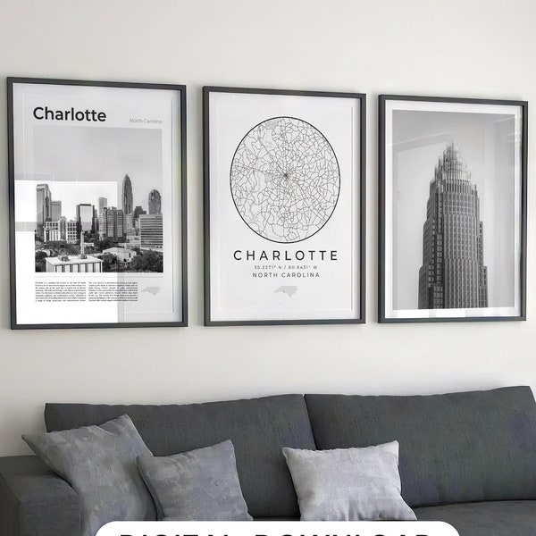 Digital Charlotte Black and White Print Set Of 3, Charlotte Map, Charlotte Poster Wall Art Decor Charlotte Skyline North Carolina State USA