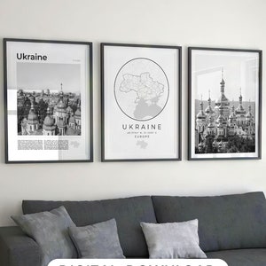 Digital Ukraine Black and White Print Set Of 3, Ukraine Map, Ukraine Art, Ukraine Gifts Decor Photo, Ukraine Poster Travel, Ukraine Wall Art