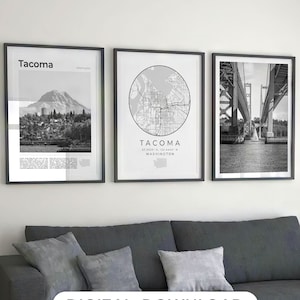 Digitaler Tacoma Schwarzweiß-Druck 3er-Set, Tacoma Karte, Tacoma Wandkunst Poster, Tacoma Kunst, Tacoma Dekor Foto Washington Reisegeschenke