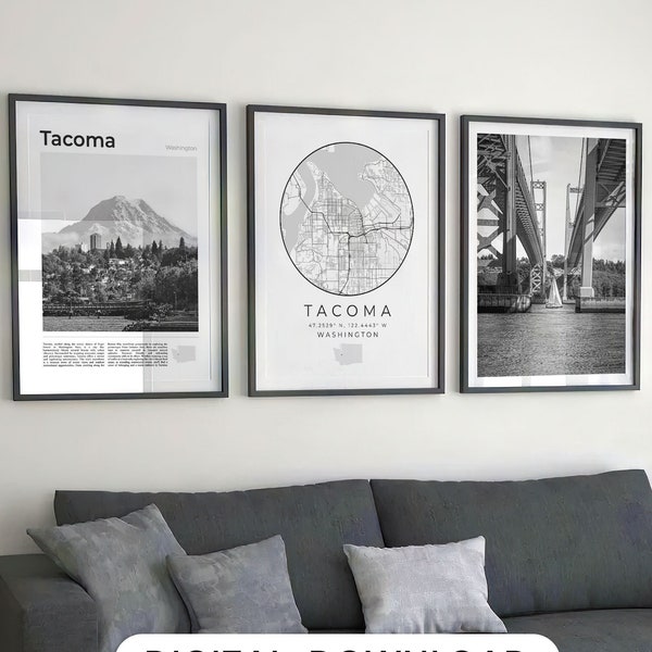 Digital Tacoma Black and White Print Set Of 3, Tacoma Map, Tacoma Wall Art Poster, Tacoma Art, Tacoma Decor Photo Washington Travel Gifts