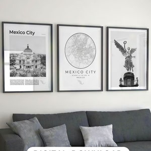 Digital Mexico City Black and White Print Set of 3, Mexico City Map, Mexico City Wall Art, Mexico Poster Photography, Ciudad de México Decor
