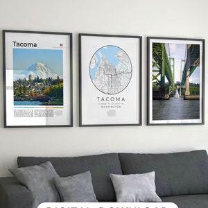 Digitale Tacoma Print Set van 3, Tacoma Washington Kaart, Tacoma Wall Art, Tacoma Art, Tacoma Poster, Tacoma Decor Foto Washington Travel Gifts