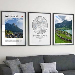 Set di 3 stampe digitali della Svizzera, mappa della Svizzera, poster da parete della Svizzera, paesaggio delle Alpi svizzere, galleria fotografica di viaggio in Europa