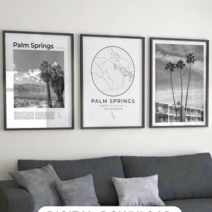 Lot de 3 impression numérique Palm Springs noir et blanc, carte de Palm Springs, photographie de décoration Palm Springs, Californie, affiche d'art mural, affiche d'art photo