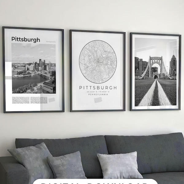 Lot de 3 impressions numériques Pittsburgh noir et blanc, carte de Pittsburgh, art mural affiche Pittsburgh, décoration Pennsylvanie, cadeaux des Steelers de Pittsburgh