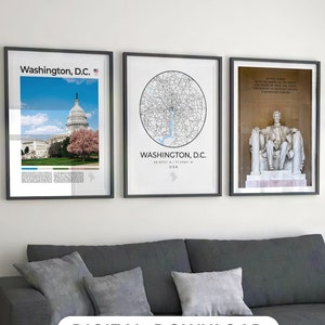 Digitale Washington DC-printset van 3, Washington DC-kaart, District Of Columbia Photo Gallery, VS, White House Wall Art Decor, Verenigde Staten