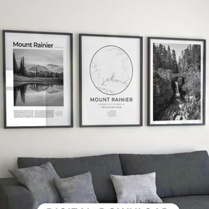 Lot de 3 impression numérique Mount Rainier noir et blanc, art de la carte du mont Rainier, affiche d'art mural Mount Rainier photo déco, États-Unis d'Amérique État de Washington