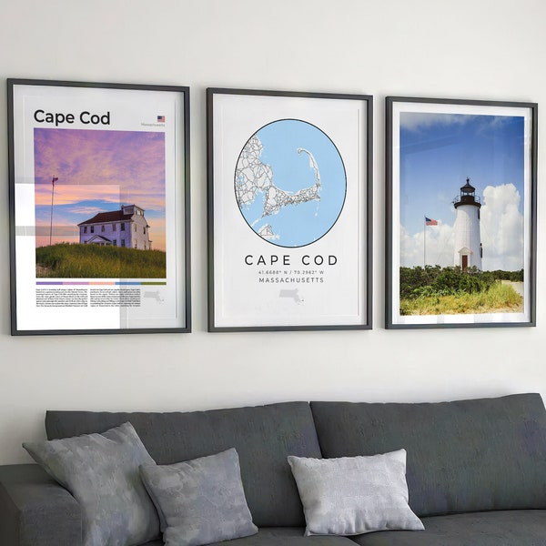 Digital Cape Cod Print Set Of 3, Cape Cod Map Art, Cape Cod Poster Wall Art, Cape Cod Lighthouse Art Decor, Massachusetts Travel Print, USA