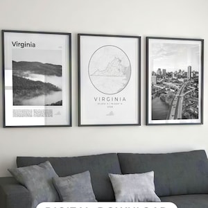 Lot de 3 impression numérique Virginie noir et blanc, décoration carte Virginie, art mural Virginie, affiche de voyage Virginie, cadeau Virginie photo Virginie
