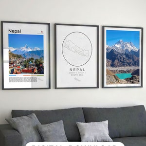 Juego de 3 impresiones digitales de Nepal, mapa de Nepal, póster de Nepal, impresión artística de Nepal, arte mural de Nepal, regalos de Nepal, viajes a Nepal, Katmandú, decoración nepalí