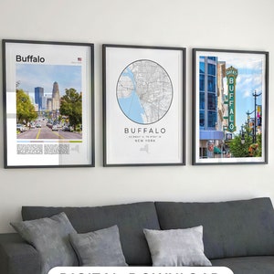 Lot de 3 impression numérique Buffalo New York, carte de la ville de Buffalo, affiche d'art Buffalo NY, photo sur les toits de la ville de Buffalo, décoration Buffalo, cadeaux Buffalo
