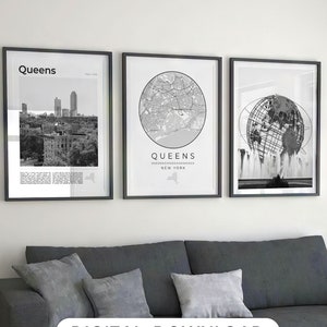 Digital Queens Nyc zwart-wit print set van 3, kaart Queens, Queens Wall Art Poster, Queens New York Gifts, Queens Photo, Queens Art Decor