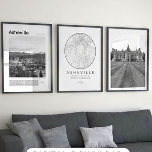 Digital Asheville Black and White Print Set Of 3, Asheville Map Decor, Asheville NC Poster Wall Art, Asheville Gifts, North Carolina Photo