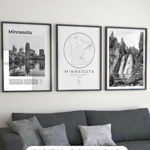 Minnesota print set van 3, zwart-wit Minnesota kaart decor, Minnesota muur kunst foto's, MN Minnesota staat reizen poster, Minnesota geschenken