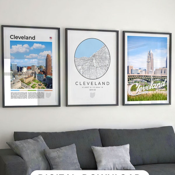 Digital Cleveland Print Set Of 3, Cleveland Map Photo, Cleveland Wall Art, Cleveland Poster, Cleveland Art Print, Cleveland Decor Ohio Gifts