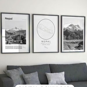 Digital Nepal Black and White Print Set Of 3, Nepal Map, Nepal Poster Wall Art, Nepal Art Print, Nepal Gifts, Nepal Travel, Nepalese Decor