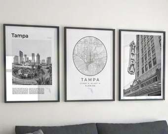 Juego de 3 láminas de Tampa, Florida, arte mural de Tampa, decoración con mapa de Tampa en blanco y negro, pósteres de viaje de Tampa, Florida, regalos de Tampa, fotos de Tampa