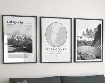 Digital Patagonia Black and White Print Set Of 3, Patagonia Map Poster, Torres Del Paine Wall Art, Argentina Photo Decor Chile Travel Poster