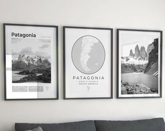 Set di 3 stampe digitali in bianco e nero della Patagonia, poster con mappa della Patagonia, decorazione murale Torres del Paine, poster di viaggio in Cile e decorazioni fotografiche dell&#39;Argentina
