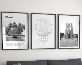 Set di 3 stampe digitali in bianco e nero del Ghana, mappa del Ghana, poster del Ghana, arte murale del Ghana, fotografia di decorazioni del Ghana, galleria fotografica di Accra, Africa