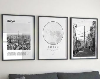 Tokio Schwarzweiß Print SET: Stadt Karte, Straßenfotografie (Digitaler Download)