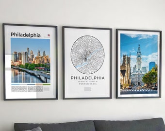 Philadelphia Art Print Set: City Map, Skyline, Architecture (Digital Download)