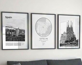 Spain Black and White Print Set: Map, Architecture, Travel Poster (Digital Download)