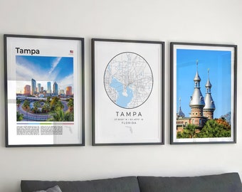 Juego de 8 láminas de Tampa, Florida, arte mural de Tampa, decoración con el mapa de Tampa, pósteres de viaje de Tampa, Florida, regalos de Tampa, fotos de Tampa