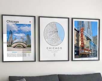 Chicago Print Set of 3: Map Art, City Photos (Digital Download)