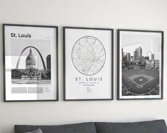 St. Louis Black and White Print Set: City Map, Arch, Baseball (Digital Download)