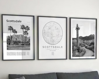 Digital Scottsdale Black and White Print Set Of 3, Scottsdale Map, Scottsdale Arizona Poster Photo Scottsdale Wall Art Decor USA Photography
