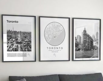 Digital Toronto Black and White Print Set Of 3, Toronto Map, Toronto Decor, Toronto Poster, Toronto Wall Art, Toronto Art Print Canada Photo