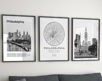 Philadelphia Black and White Print Set: City Map, Skyline (Digital Download)