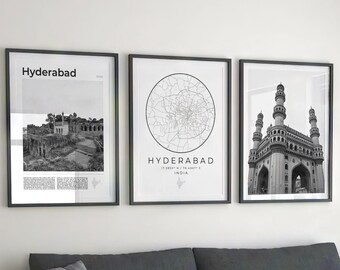 Hyderabad schwarz weiß Fotoabzug Set: Indien Telangana Wandkunst (Digitaler Download)