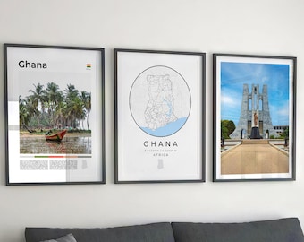 Set di 3 stampe digitali del Ghana, mappa del Ghana, poster del Ghana, arte murale del Ghana, decorazioni murali del Ghana, fotografia del Ghana, galleria fotografica di Accra, Africa
